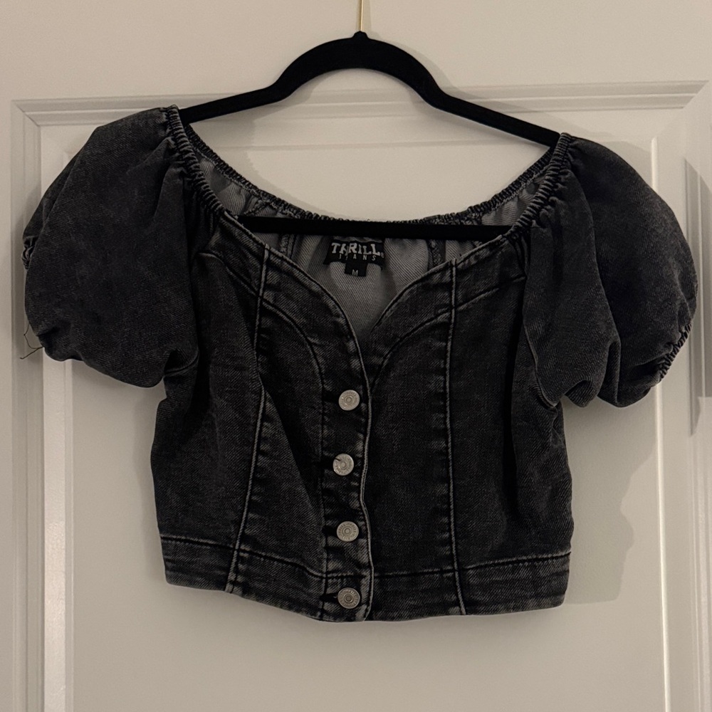 Thrill Black Denim Puff Sleeve Crop Top